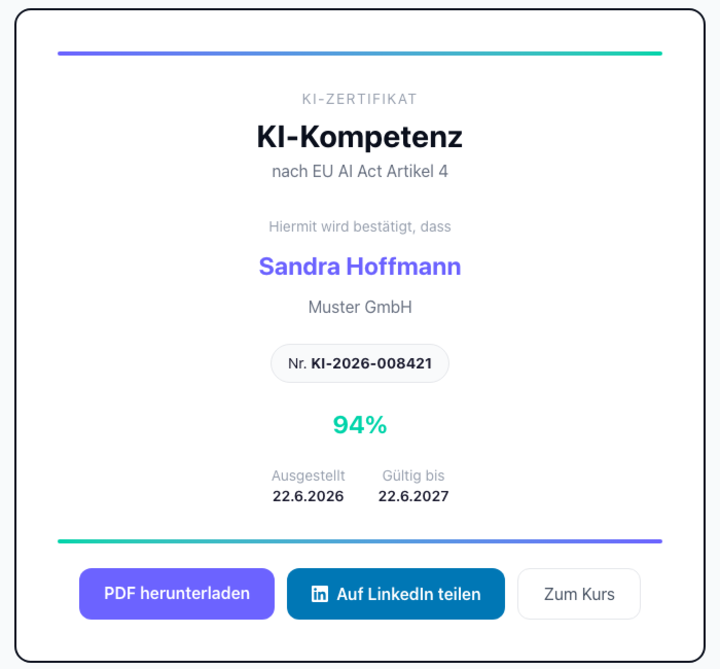AI certificate per EU AI Act Art. 4 — personal, online-verifiable certificate