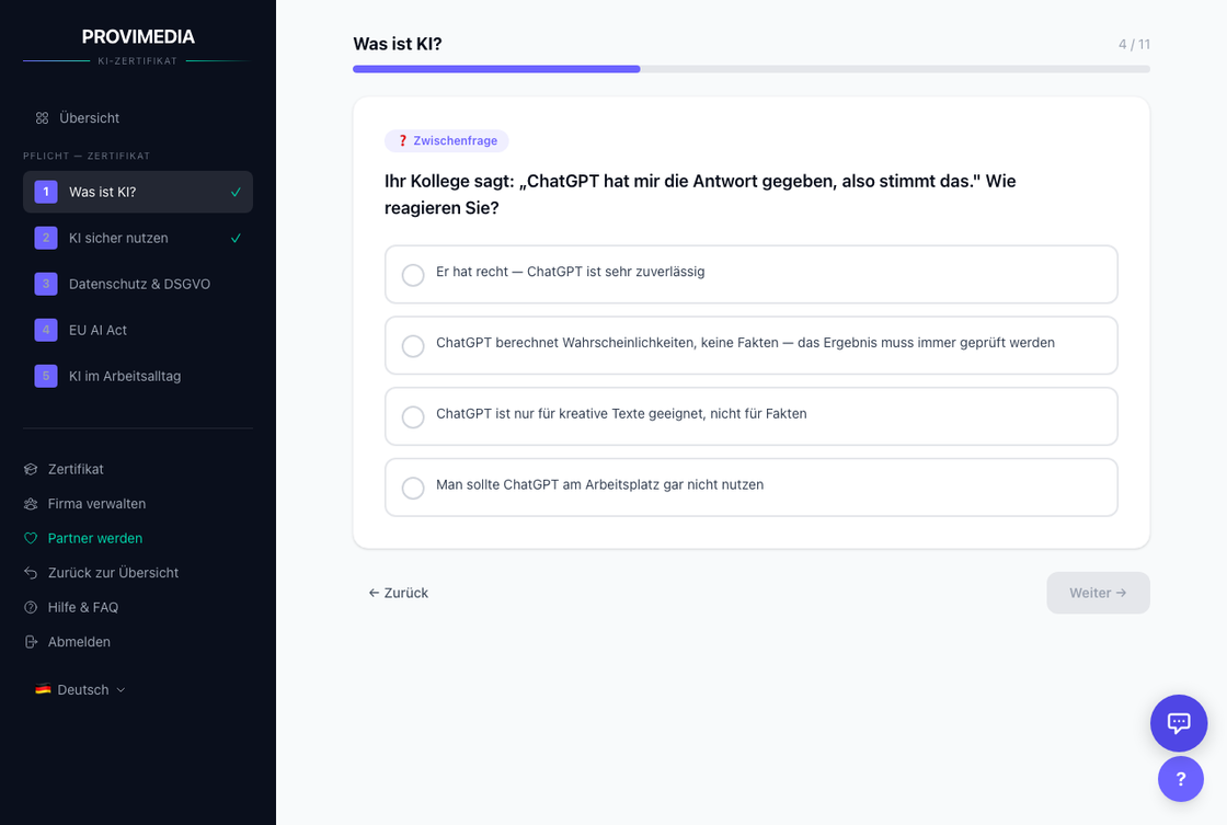 AI certificate course: real product view with interactive flashcards and exam questions