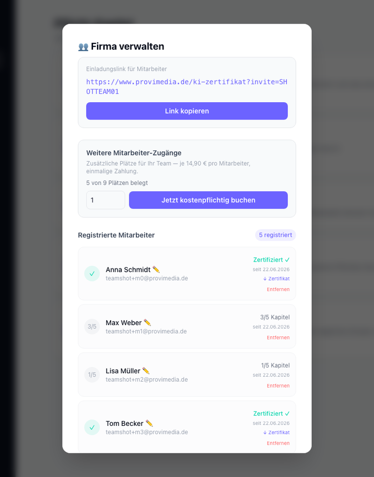 Team dashboard: invite links, seats used, and certification status of all employees