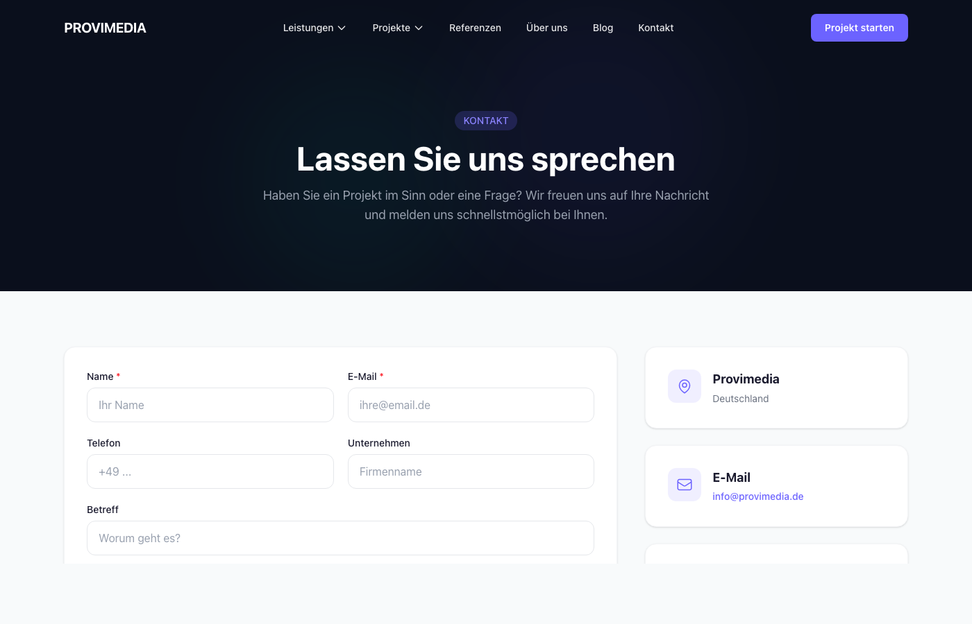 Die Kontaktseite von Provimedia.de mit übersichtlichem Kontaktformular