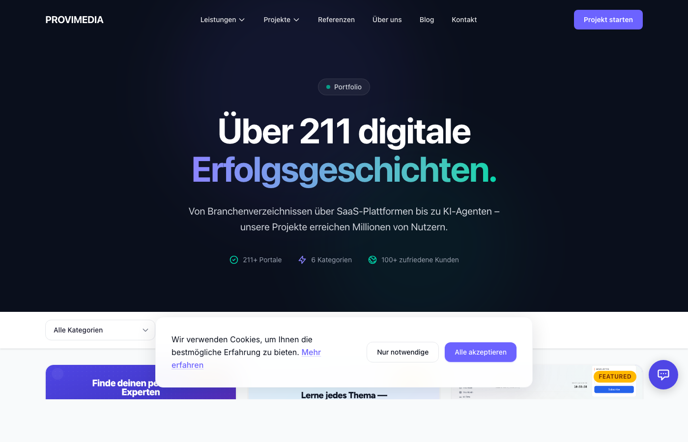 Die Projektseite von Provimedia.de mit über 211 digitalen Erfolgsgeschichten