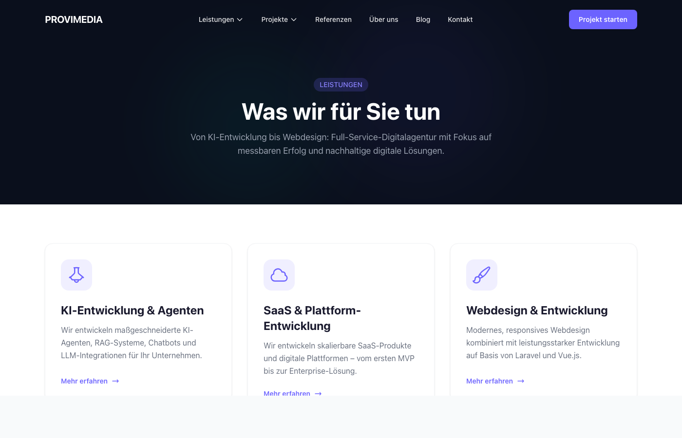 Die Leistungsseite von Provimedia.de mit allen fünf Service-Bereichen
