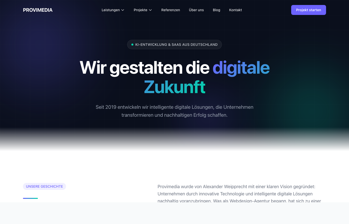 Die Über-uns-Seite von Provimedia.de mit Unternehmensgeschichte und Werten