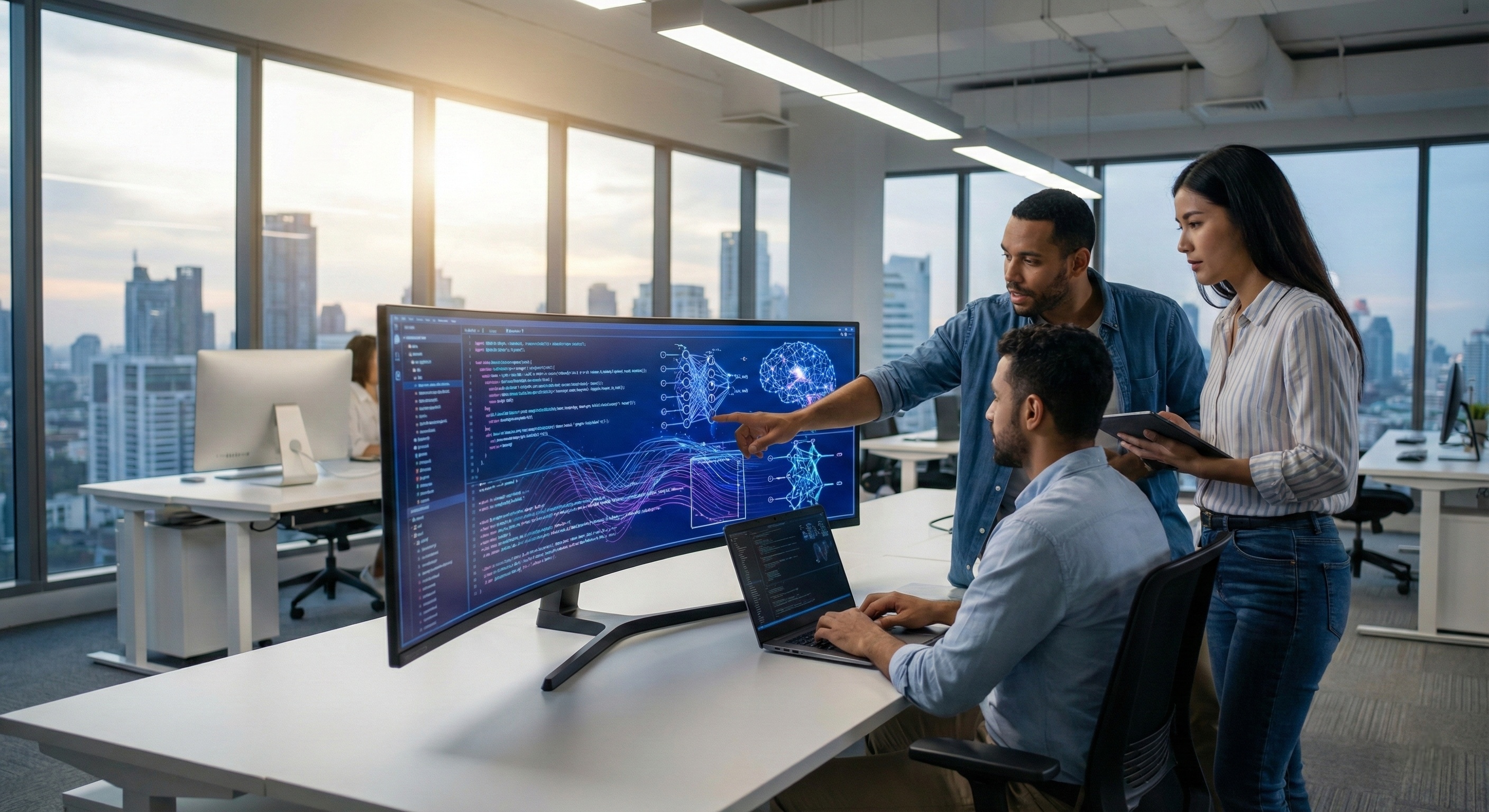 KI-Entwicklungsteam analysiert Custom Software auf großem Monitor