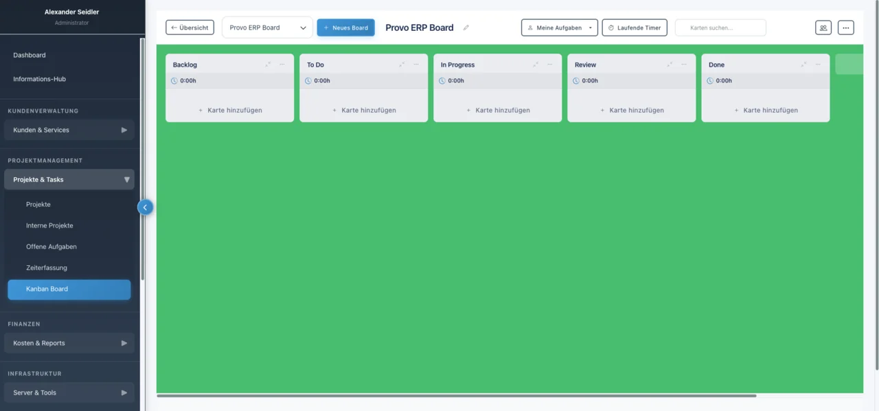Provio ERP Dashboard – Business-Plattform für Dienstleister mit KPIs und Projektübersicht