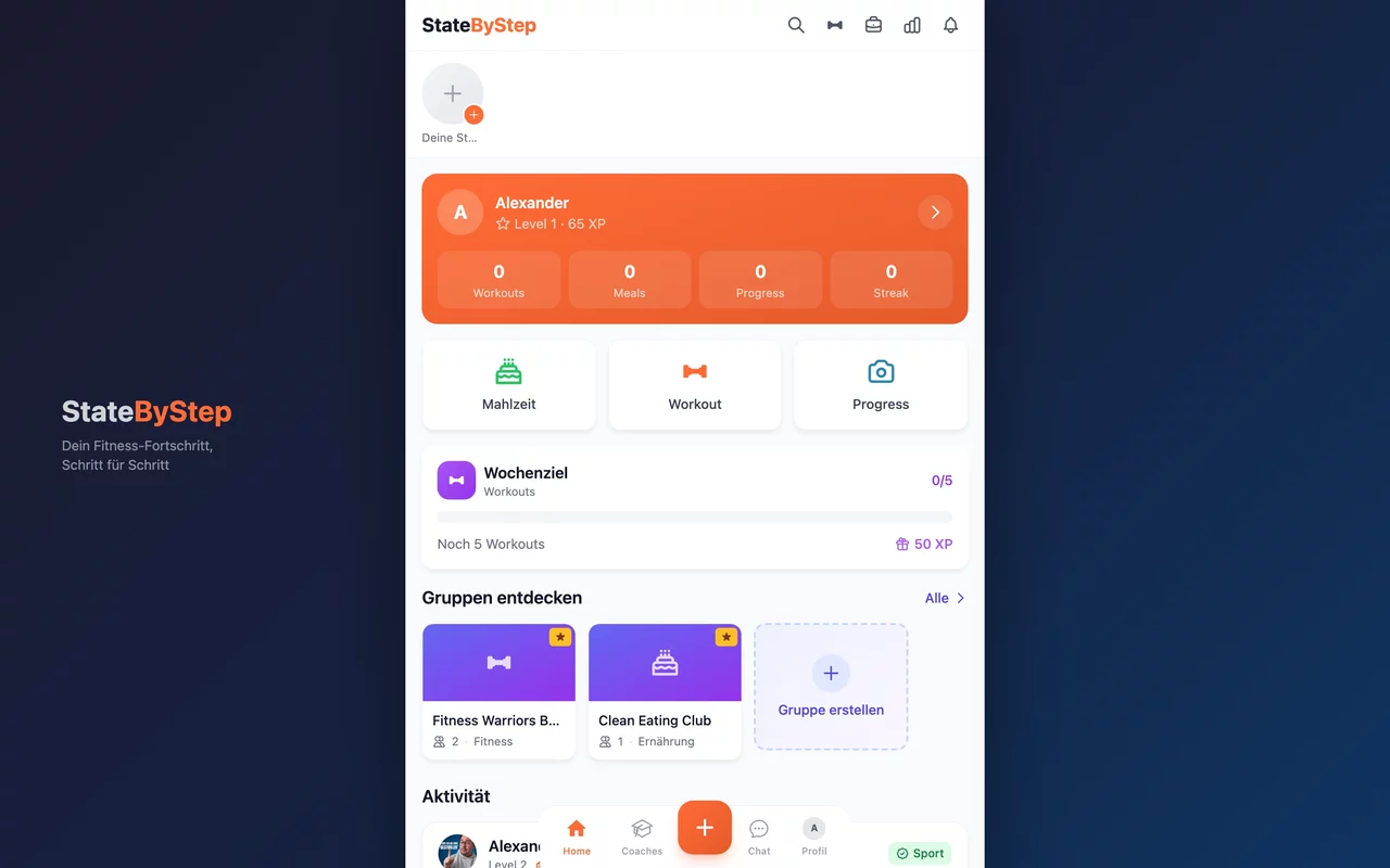 StateByStep Fitness App Dashboard - Workout-Tracking, Streaks und XP-System